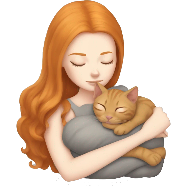 White girl ginger hair sleeping with gray sphinx kitty emoji
