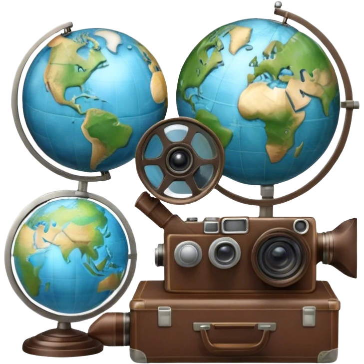 Icon for Documentary Film: A vintage movie poster style with a film reel, a camera, and a globe symbolizing exploration and knowledge. Include elements like a notebook, magnifying glass and nature or historical visuals to evoke a sense of discovery. Transparent background. emoji