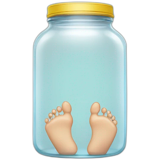 human feet standing on the floor with an empty transparent jar between them,front view emoji