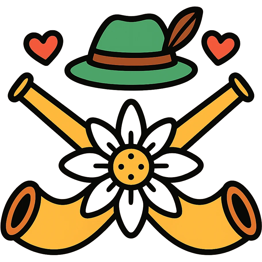 two crossed alpine horns behind an edelweiss, with small red hearts and a Tyrolean hat, colorful icon style, kitsch and festive atmosphere emoji