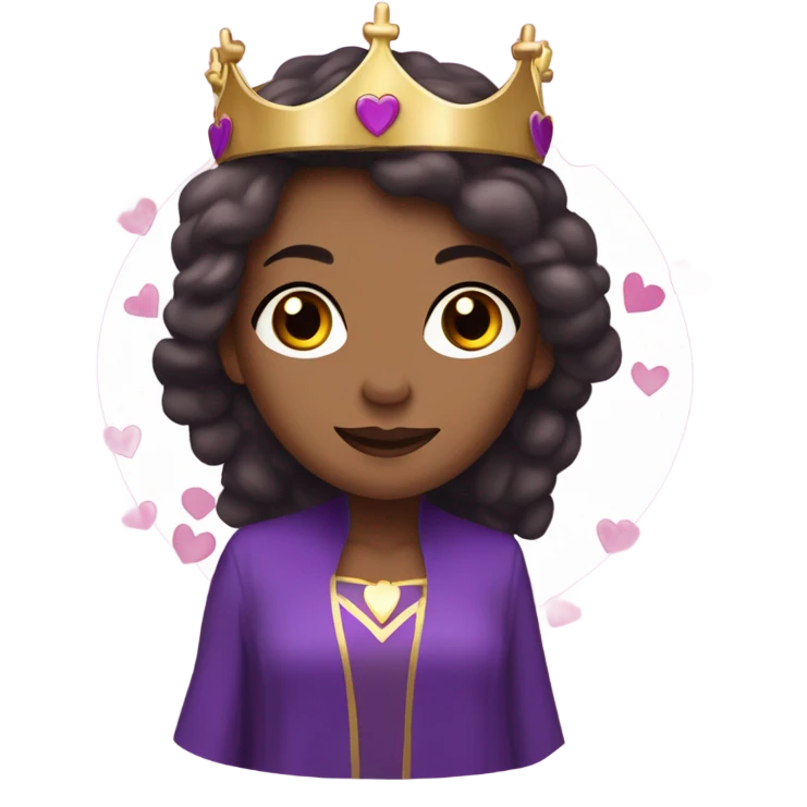 Caucasian long  brunette woman wearing formal royal purple robes and a crown. A burst of hearts are floating around her emoji