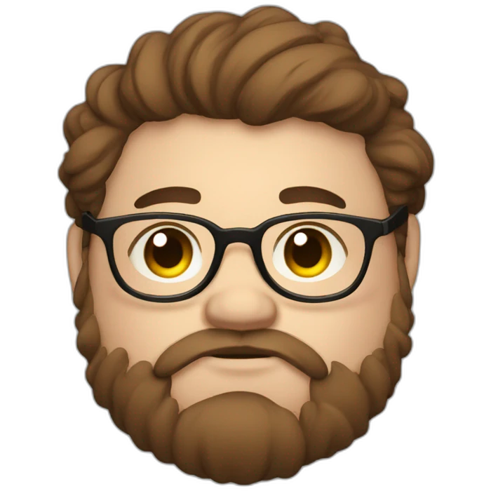 Chubby, non binary, round glasses, attached long brown hair, beard, sleepy emoji