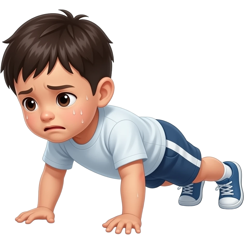 一个中国小男孩(四岁)在做俯卧撑，累得满头大汗 emoji
