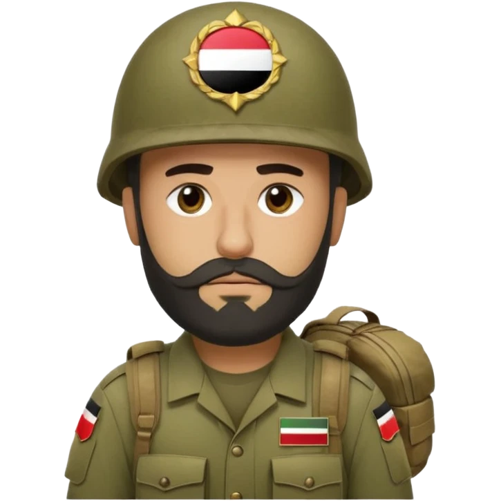 A tired, swarthy Iraqi soldier with a beard, an Iraqi flag on his helmet, a sad expression and bags under his eyes emoji