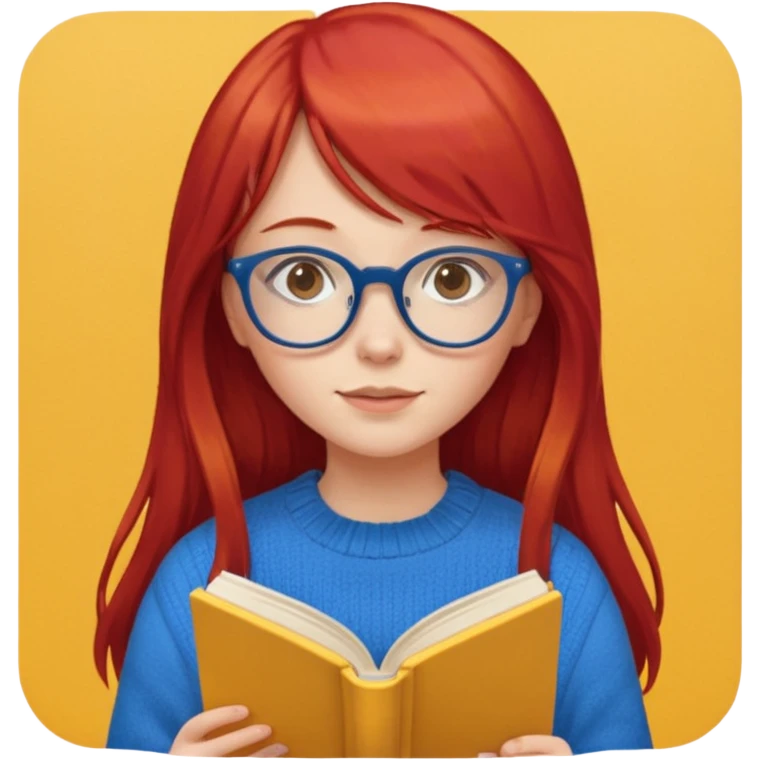 a girl with long red hair and bangs with glasses wearing blue sweater reading a yellow cover book emoji