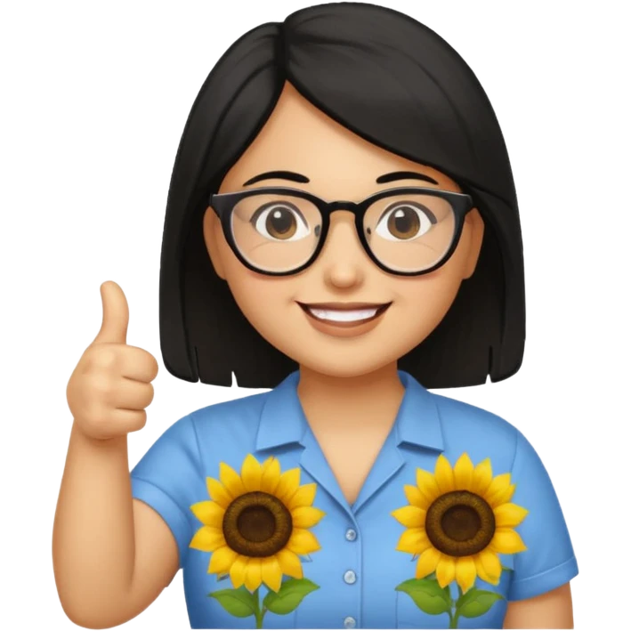 Make my biology teacher shes light brown, wears glasses, female, fat, sunflower shirt under and make her give 1 thumbs up and she has black hair and chubby emoji