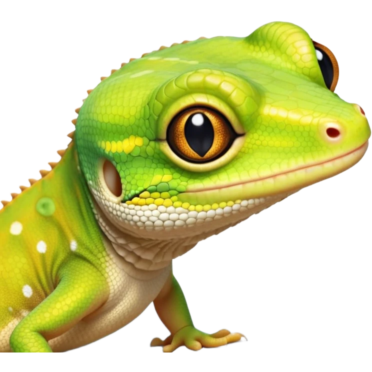cinematic-cute-realistic gecko-portrait-emoji,-head-tilted-playfully-and-inquisitively,-featuring-a-small,-charming-body-with-smooth,-vividly-patterned-scales,-bright,-sparkling-eyes-and-delicate,-sticky-toe-pads,-simplified-yet-irresistibly-adorable emoji