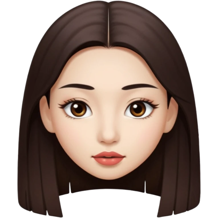 Una chica con piel muy clarita con pelo liso largo de color castaño y unos ojos marrones oscuro y labios grandes y nariz bonita y con unas pestañas que parezca asiatica que tenga las cejas un poquito mas juntas emoji