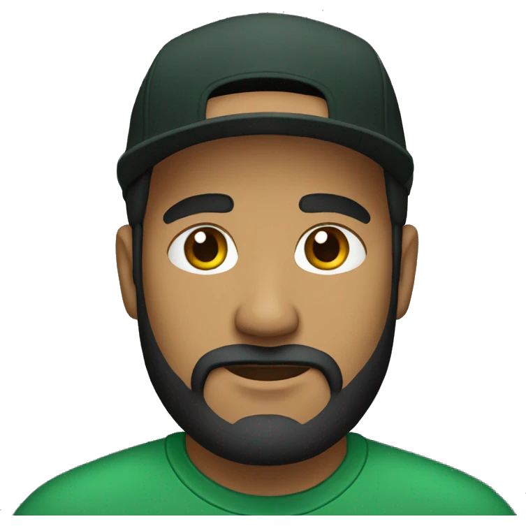 brown man with a dark beard, dark eyes, dark green t-shirt and a BLACK BLACK cap emoji