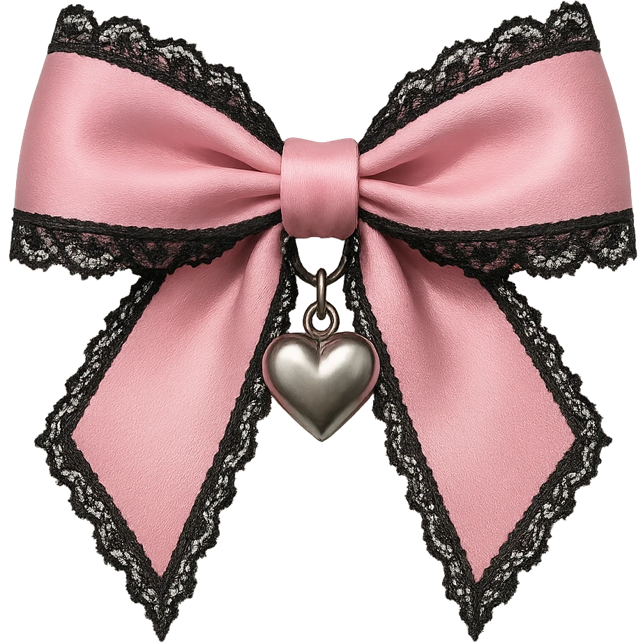 pink gothic bow with black lace trim and heart charm, remove background emoji
