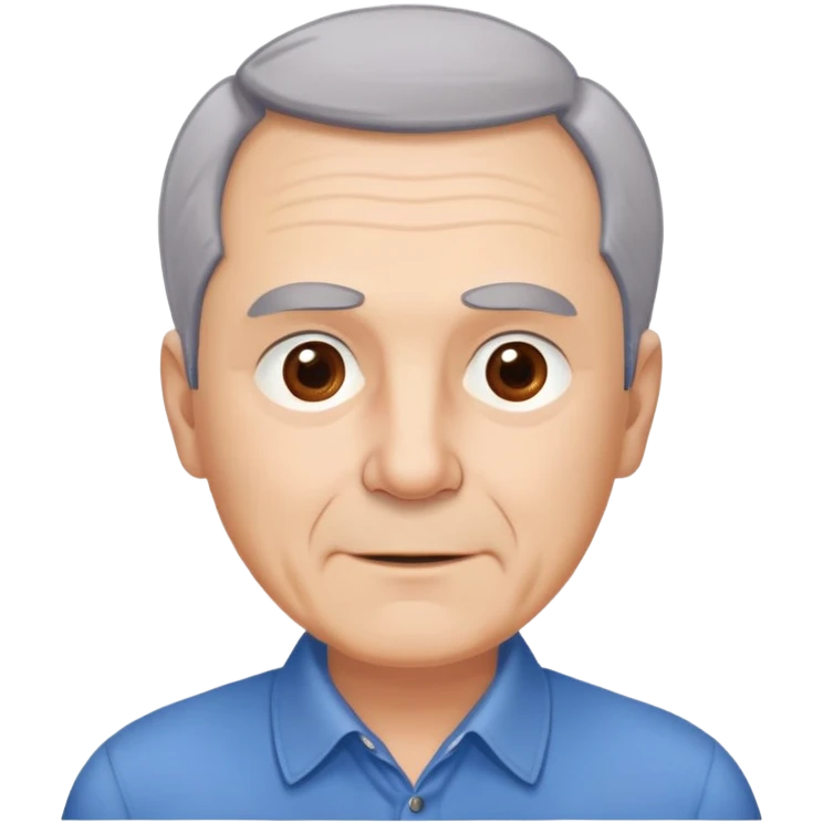 Older man with light complexion in his late 50s, round face, wide jaw, expressive brown eyes, thick eyebrows, short gray hair with visible hairline, friendly expression, wearing blue collared shirt emoji