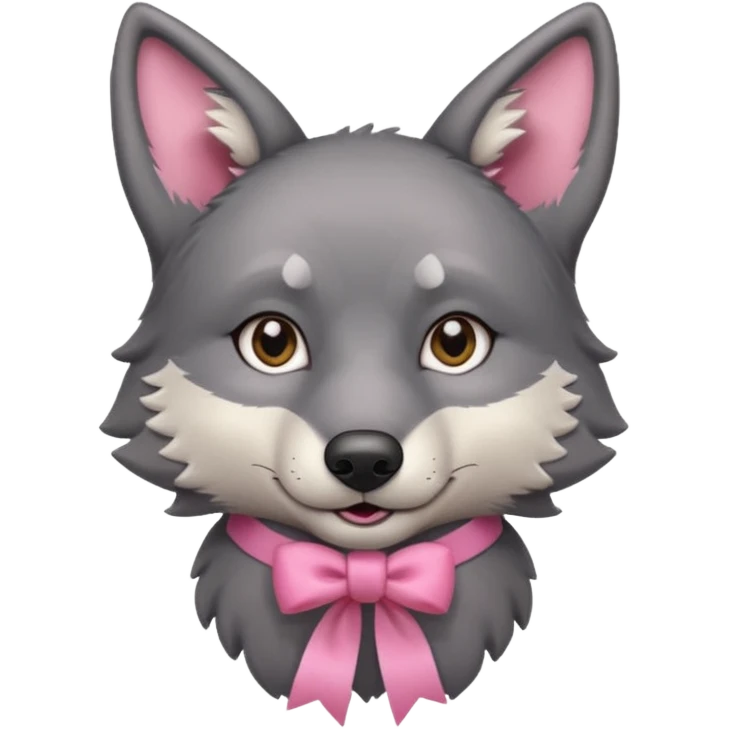 Pleading Face cute dark grey wolf with a pink ribbon io his ear emoji