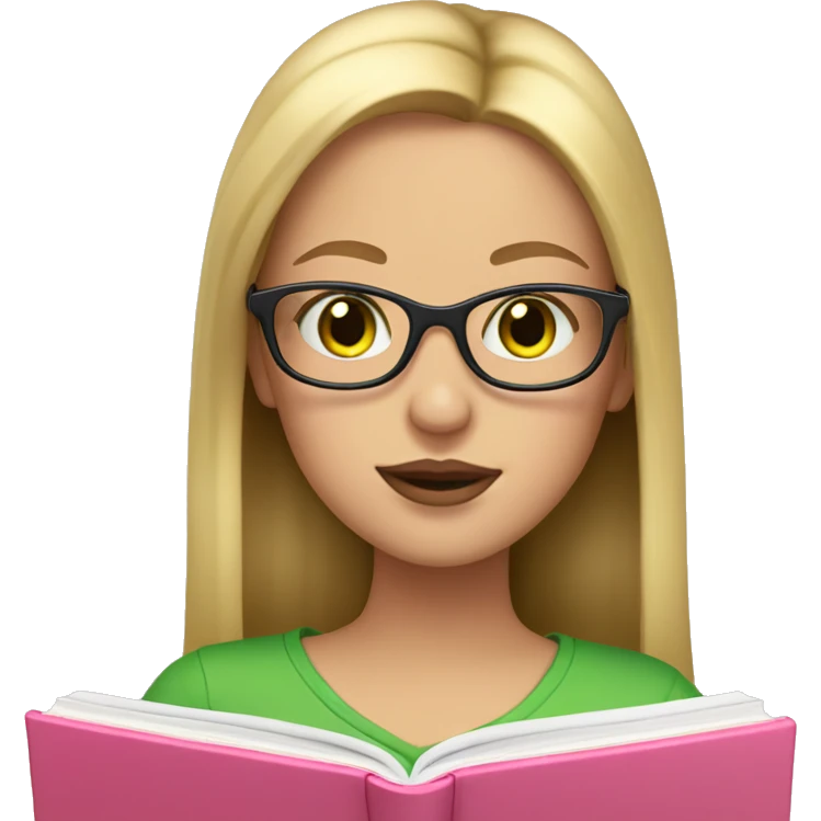 Girl with long blonde hair and rosy lips and green eyes and glasses reading a pink book emoji