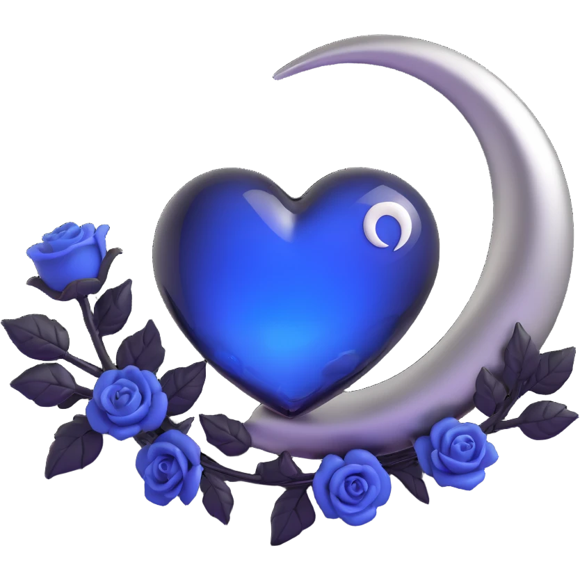 3D emoji gothic heart, midnight blue glass, silver crescent moon, tiny black roses emoji
