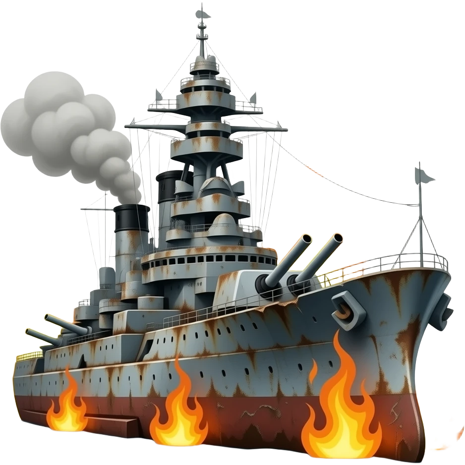 rusty damaged warship smoking flames emoji