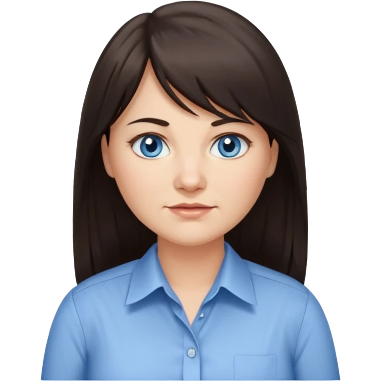 40 yr old woman, blue eyes, long straight dark brown hair, business shirt, chubby, bangs, long hair, tired, small smile emoji