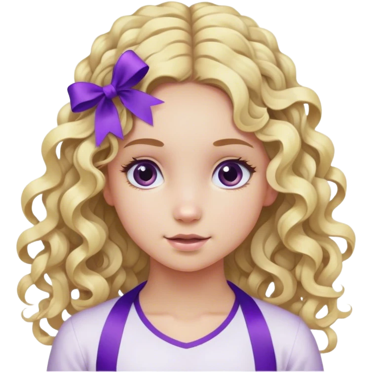 Curly long blond hair tied with a purple ribbon show her backyards  emoji