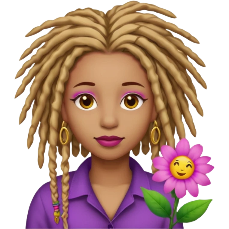 Gold dread locs pink emoji face purple flower in the hair red lipstick light brown face  just the face pink tips on end of locs  emoji