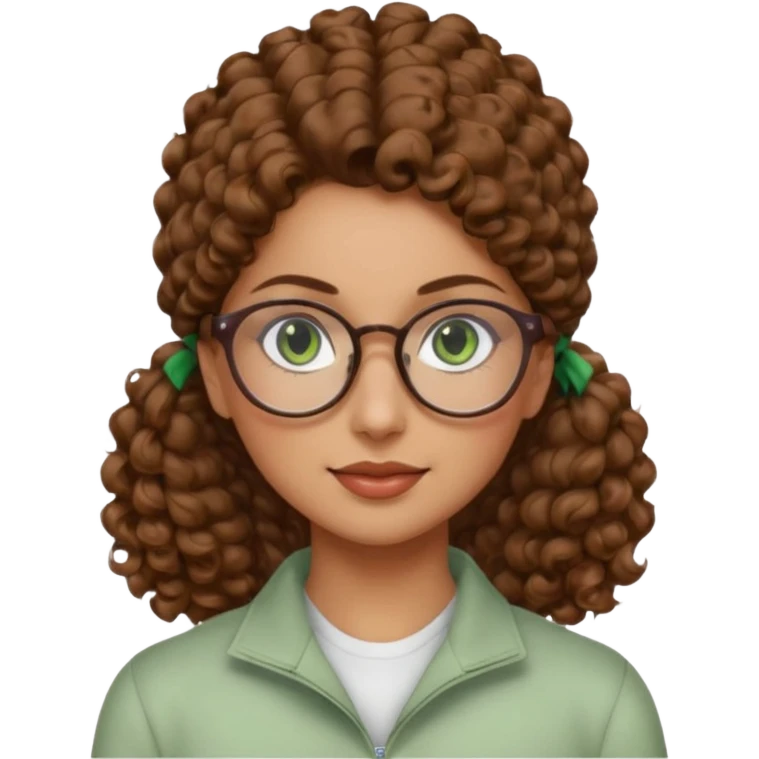 iranian woman, tight curly light brown hair in pony tail, glasses, green eyes, pretty, oval shape face emoji