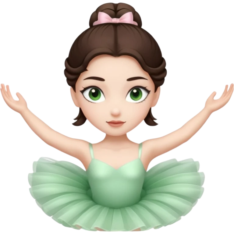 Realistic Ballerina Portrait, with porcelain-like skin featuring a natural rosy flush, illuminated by soft lighting that highlights the gentle contours of her face. Her Brunette hair flows in soft.Her deep green light eyes radiate framed by arched brows and long lashes. emoji