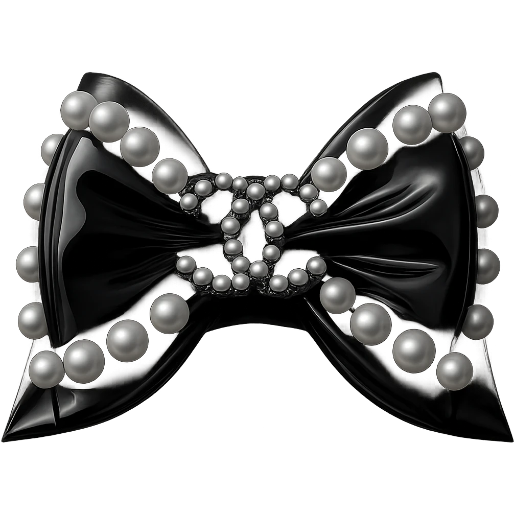 Add a solid black background behind the elegant bow with pearls and gold Chanel logo, glossy, monochrome, realistic style with soft reflections and highlights on the bow and pearls. emoji