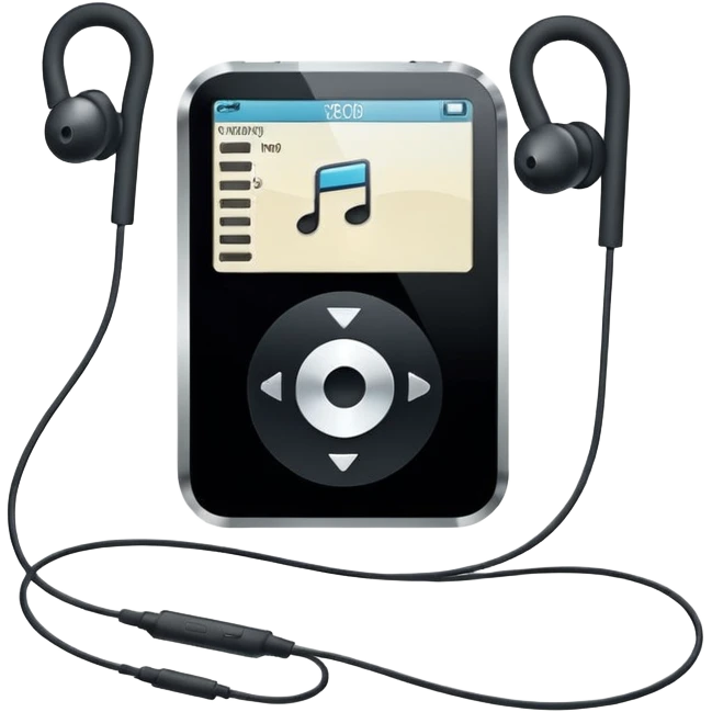 Futuristic iPod emoji with earphones, metallic black and white, smooth reflective surfaces, flat minimal vector design, clean UI style emoji