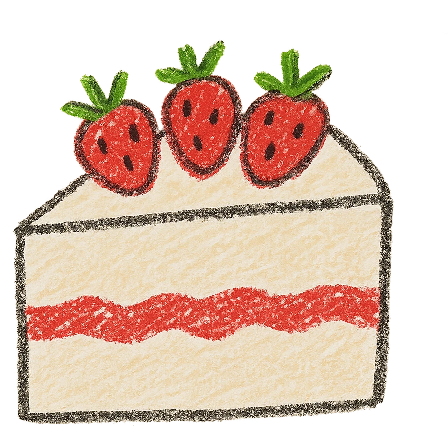 slice of white cake with strawberries on top, simple and cute, children doodle style emoji