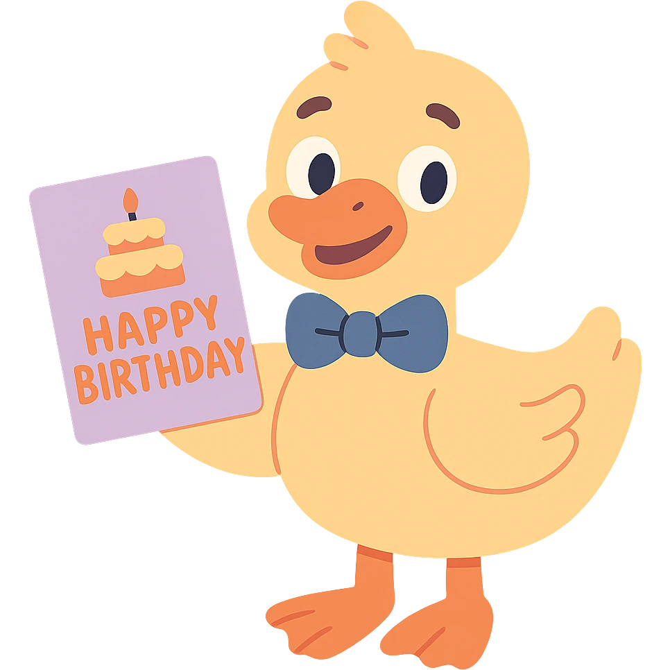 duck with bowtie holding birthday card, pastel-toon style emoji