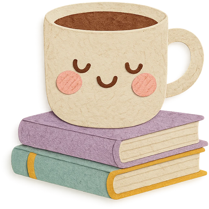 coffee cup with stack of books, blushing cheeks, cozy hand-drawn pastel style emoji