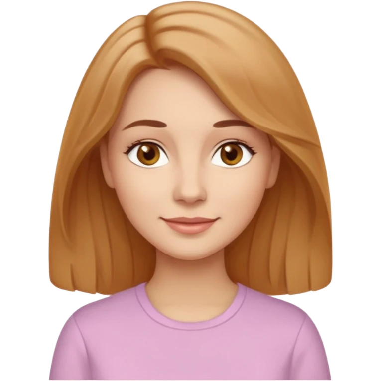 Woman with light beige skin tone, honey-brown hair that is slightly wavy and medium length, light brown eyes. Oval face shape, small nose, full lips, natural slightly arched eyebrows, soft pink cheeks. Wearing a simple shirt or blouse. Warm, friendly smile. emoji