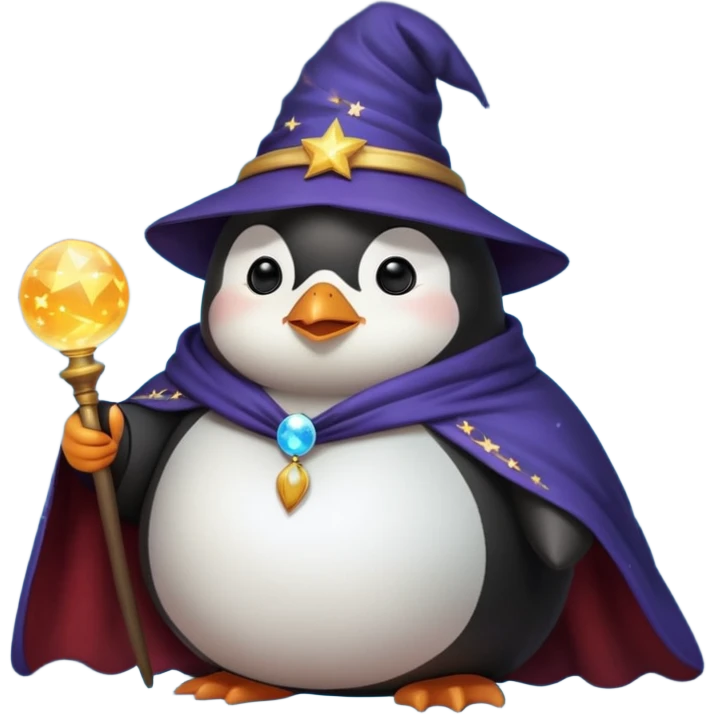 chubby penguin in wizard attire, with a starry cloak and a glowing orb, looking wise and mystical, emoji style emoji
