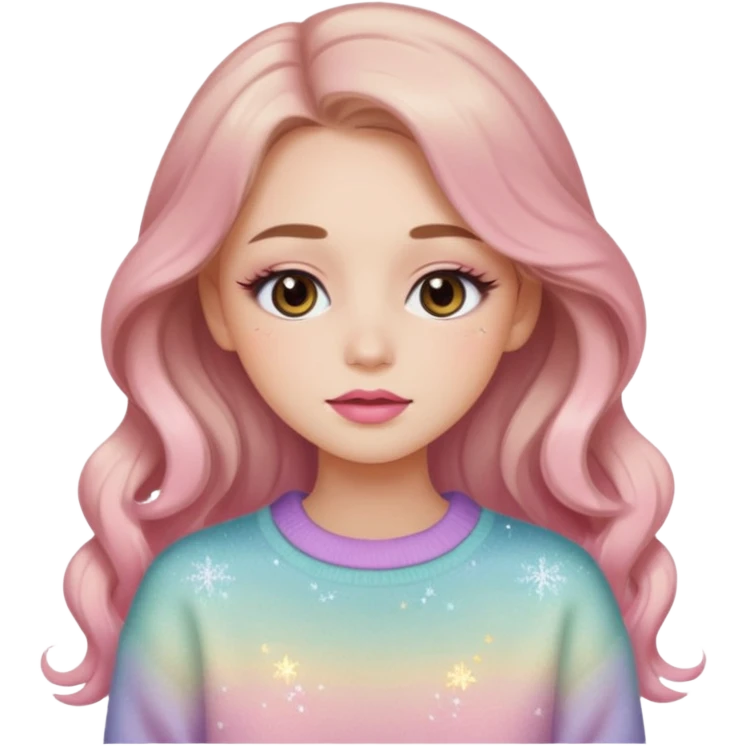 “Emoji girl, soft eyeliner, gradient rose lips, light brown shimmer eyeshadow, sparkly aegyo-sal, long wavy hair, cozy pastel sweater.” emoji