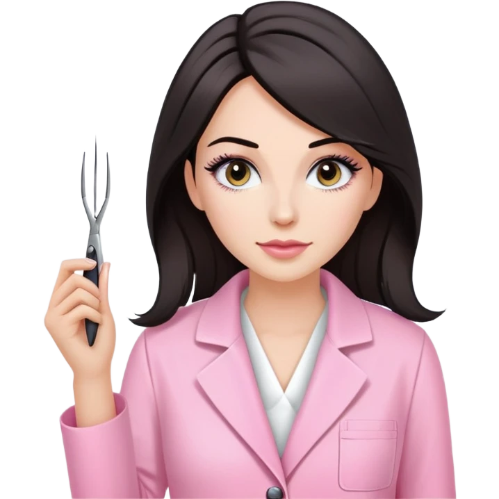 Mulher branca de cabelos pretos na altura dos ombros, vestindo jaleco rosa e segurando uma pinça de extensão de cílios emoji