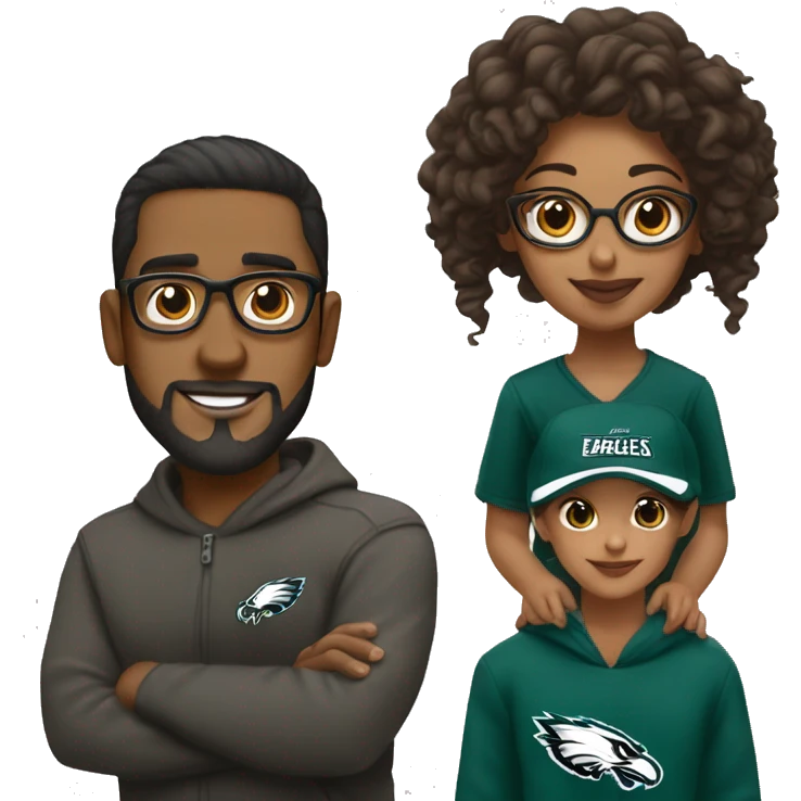 Brown guy with no glasses with a beard and mustache holding a brown girl wearing glasses and hair in a bun wearing Philadelphia eagles clothing emoji