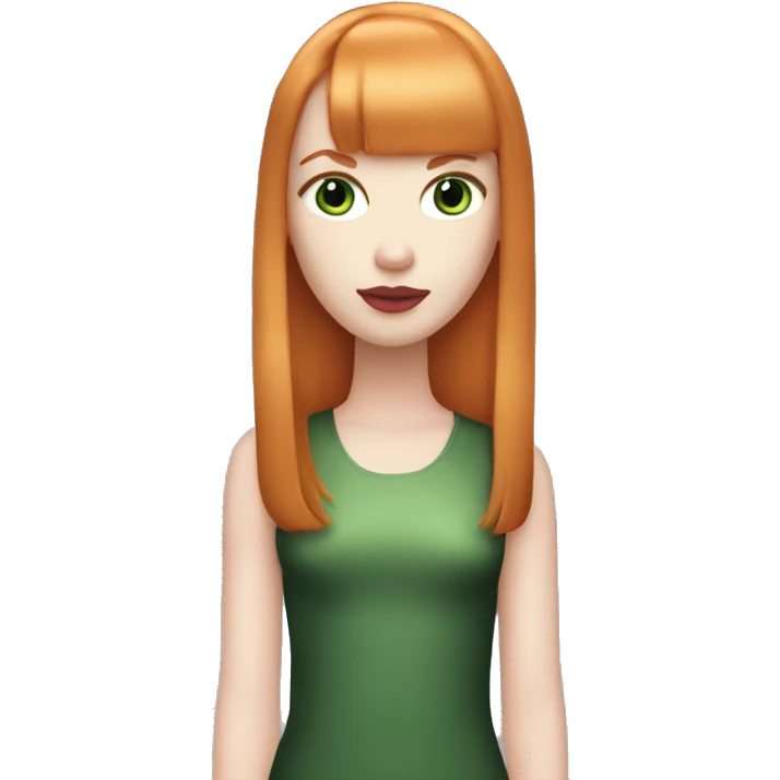 ginger girl, pale face, green eyes, pink lipstick, shoulde lenght straight hair with bangs emoji