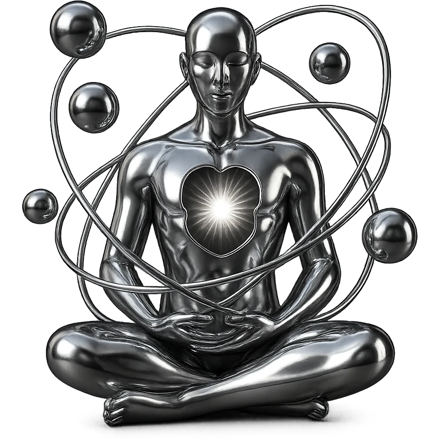 stylized chrome meditating figure with open chest emitting radiant energy, spiraling spheres around, futuristic and smooth emoji