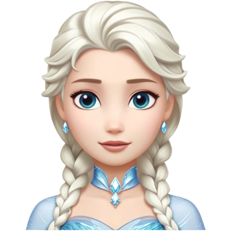 Cinematic Majestic Snow Queen Portrait Emoji, rendered in a clean, vector-style with bold, simplified shapes. Show Elsa with a serene, noble expression, luminous icy skin and gracefully styled platinum hair adorned with subtle crystalline accents, her attire minimal yet majestic. The design radiates a cool, crystalline glow with high shine and a soft glowing outline, embodying timeless, frosty elegance. emoji