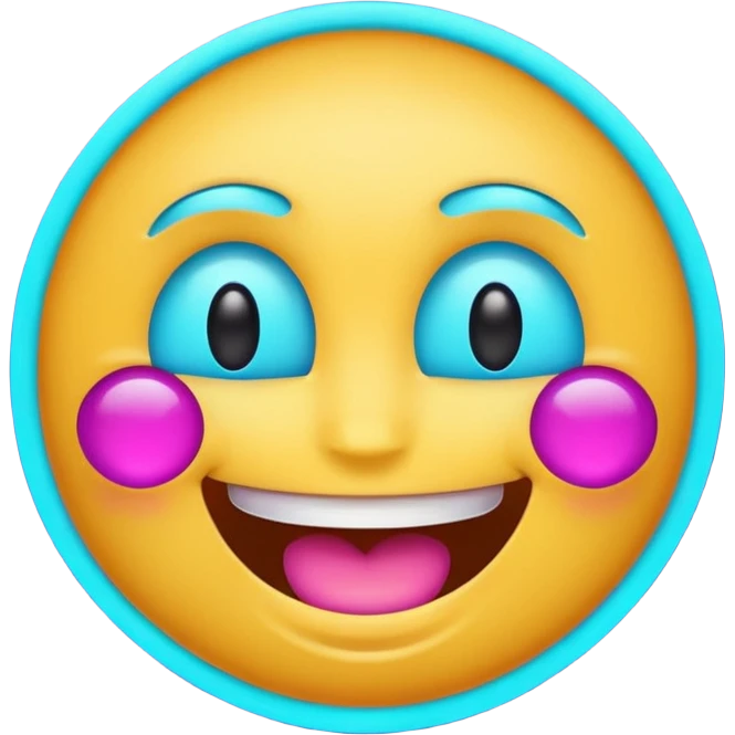 glowing emoji face laughing, purple and cyan neon light, dark background emoji