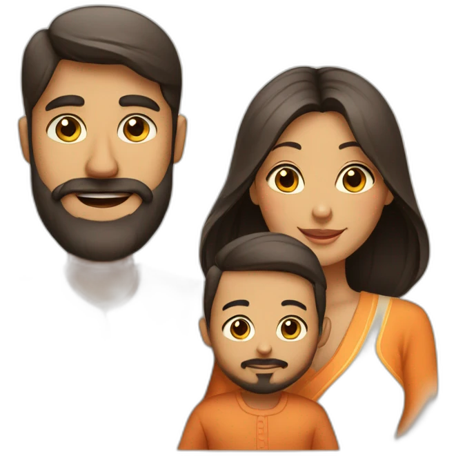 A family with Indian dad with beard and Chinese wife and light tanned baby emoji
