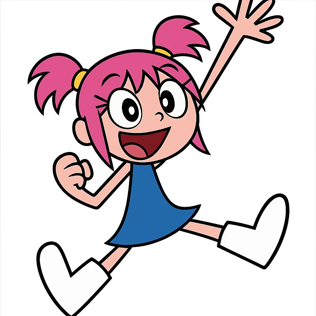 Ami Onuki, cheerful girl with pink hair in pigtails, wearing a blue dress, inspired by the character from Hi Hi Puffy AmiYumi, in a fun and energetic pose emoji