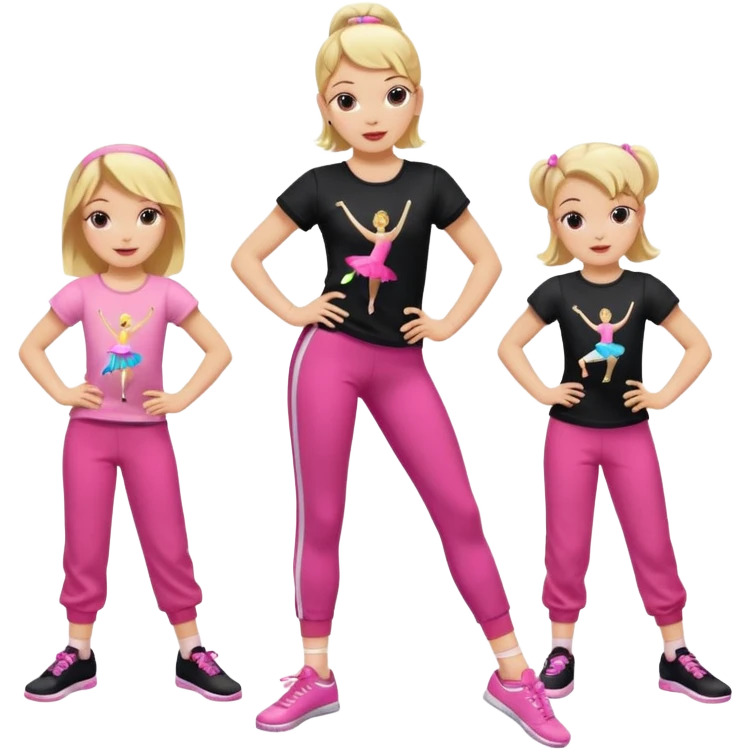 Hiphop dancer, with cute big pants, sneakers, and t-shirt. White girl blond. Coloufull shirt. No pocket pants. Dancing. Pink and black plain outfit. No sweatbands on the wrist, black music box behind her. Ballerina pose. with dancing kids behind her emoji