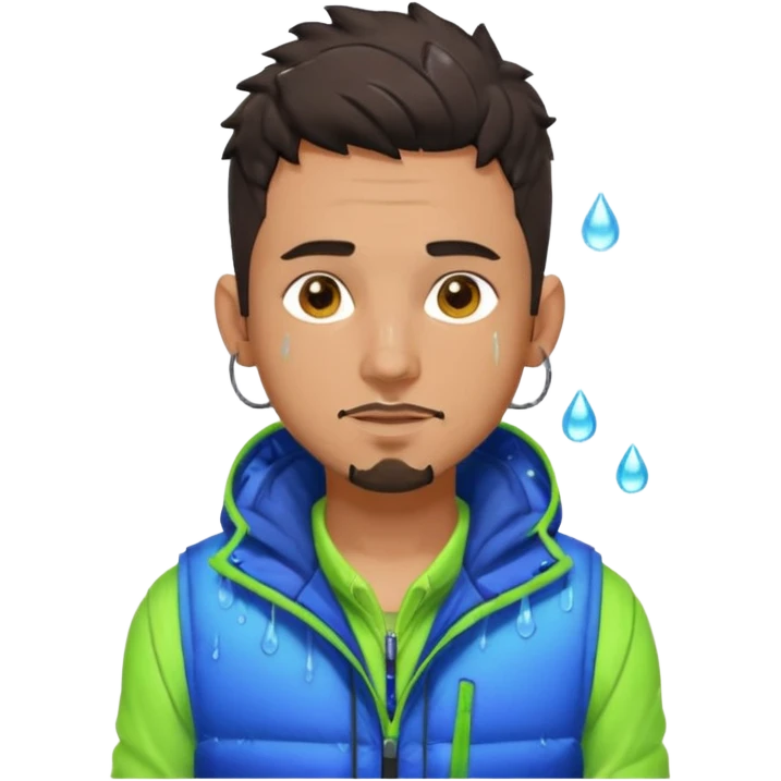 Cyberpunk street adult, hispanic, male, messy undercut, puffer vest over hoodie, glowing earpiece, light stubble, brown eyes, neon reflections, raindrops, dark background. emoji