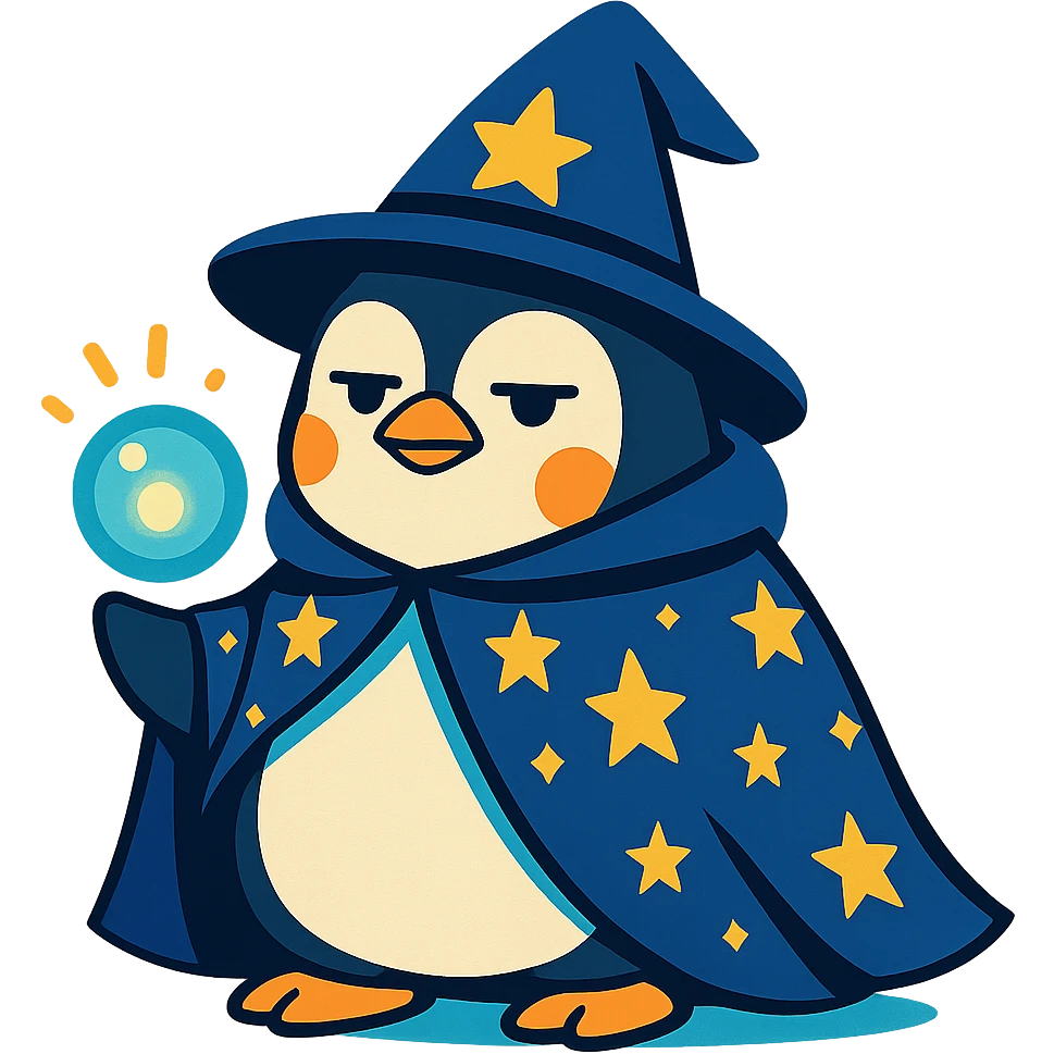 chubby penguin in wizard attire, with a starry cloak and a glowing orb, looking wise and mystical emoji