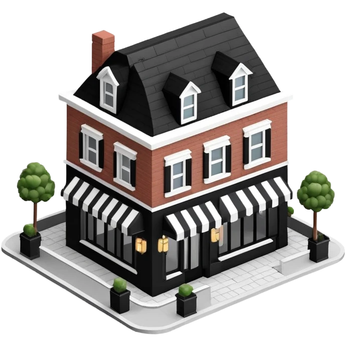 Isometric exterior little black and white upscale steakhouse restaurant dollhouse style 3D realistic  emoji