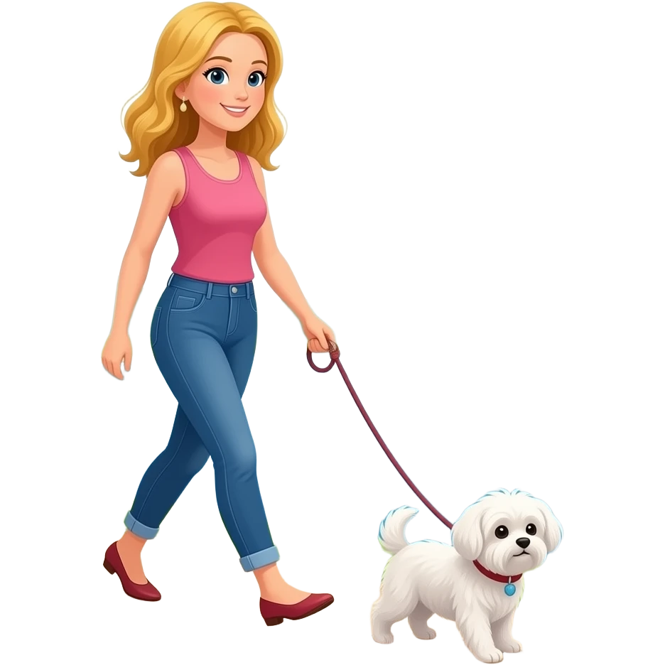 BreakEmoji Vrouw blond haar wandeld met kleine malthes langs rivier. 1 hond emoji