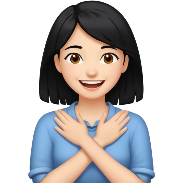 a girl with black hair and brown eyes with her hands crossed around her neck and laughing emoji