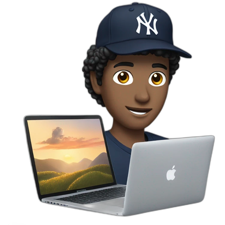 20yo Curly white man black hair with a MacBook and a yankees cap emoji