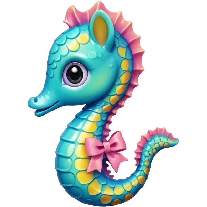 cute seahorse with glossy plastic finish, oversized sparkling eyes, miniature body, cheerful smile, blushing cheeks, intricate textures, pastel and bright accent colors, tiny bow accessory, rich shading emoji