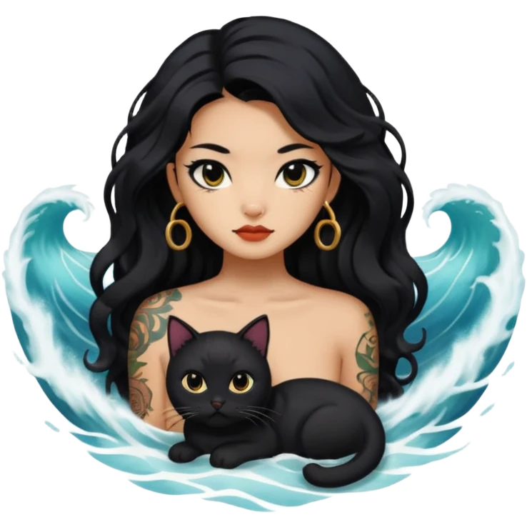 a Chinese girl with long black  Big Wave hair and tattoos and a black round faced cat and black eyes emoji