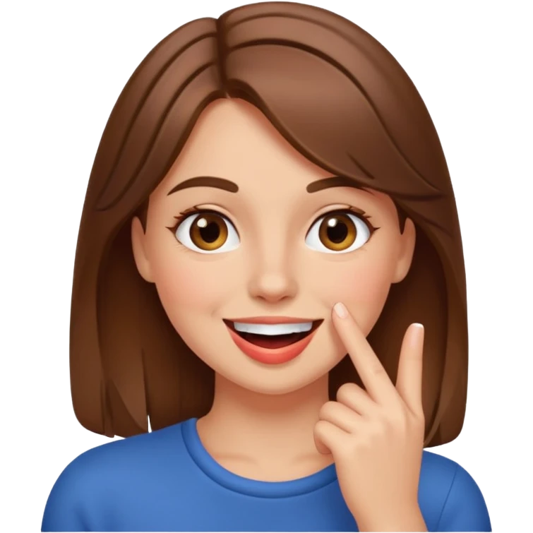 femme brune qui rougit et souris beaucoup avec un doigt dans sa bouche  emoji